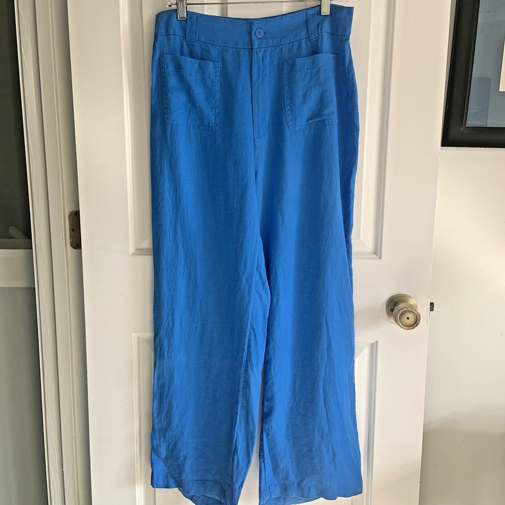 Nicole Miller Pants Women's sz 10 Blue 100% Linen patch pocket Wide Leg